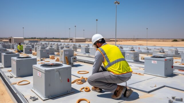 Male hvac technician installing air conditioners on rooftop for optimal cooling system setup