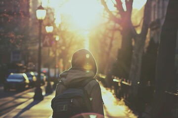 A silhouette of a person walking on a street bathed in the warm glow of the setting sun