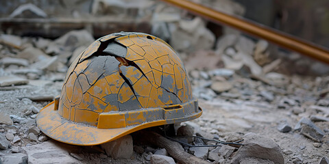 A damaged yellow hard hat lies among ruins, symbolizing danger or accident at a construction site