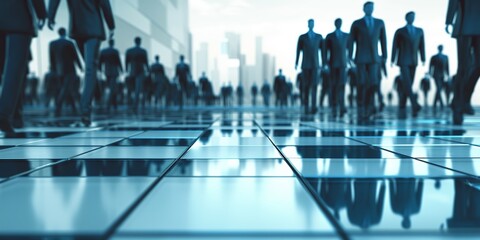 An impactful scene with blurred businessmen figures in a corridor representing corporate dynamics and workforce movement