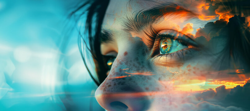 A creative composite image blending a close-up of a woman's face with vivid colors of a fiery sunset sky