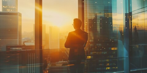 A thoughtful businessman looks over the cityscape from a high-rise building at sunset, contemplating the urban life