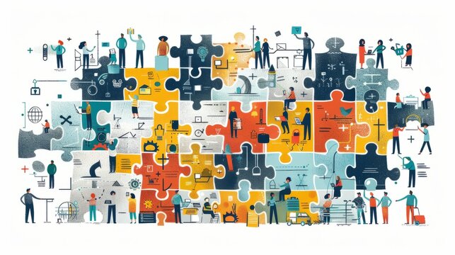 A group of diverse people working together to solve a puzzle. The puzzle pieces are different colors and shapes, and they all fit together to form a larger picture. The people are all working together