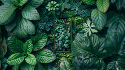 A smartphone mockup with a nature-inspired wallpaper, surrounded by plants