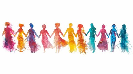 A group of diverse women holding hands in a watercolor style.