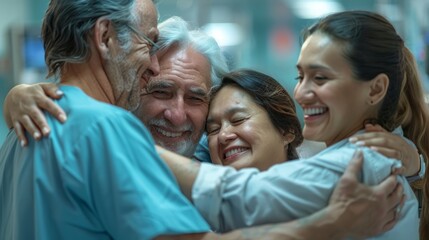 Fototapeta premium A group of doctors and nurses are hugging each other in a hospital. They are all smiling and look happy.