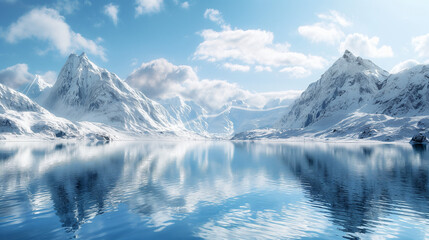 A panoramic view of a snow-covered mountain range with a glacier-fed lake reflecting the azure sky