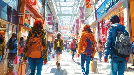 A group of friends walking through a shopping mall.