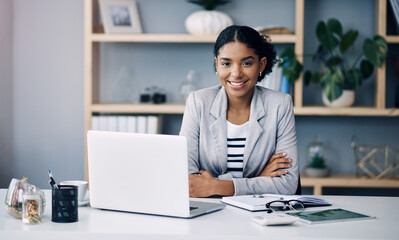 Office, smile and portrait of woman at laptop for research, business review or online report at...