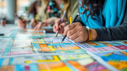 Obraz premium A group of people are drawing on a large map together.