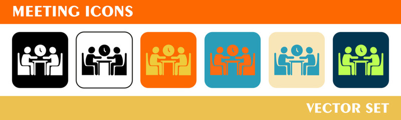 Meeting icons set. 6 style icons with various colors. For sign, symbol, web design or web graphics. 