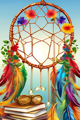 shining rainbow dreamcatcher, blank copy space, white background, sharp detailed illustration
