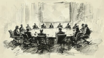 A group of people are sitting around a table having a meeting.