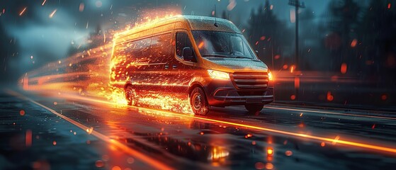 White modern delivery small shipment cargo courier van engulfed in flames moving fast on motorway