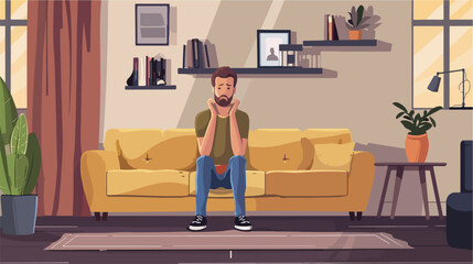 Afraid young man sitting on sofa in living room Vector