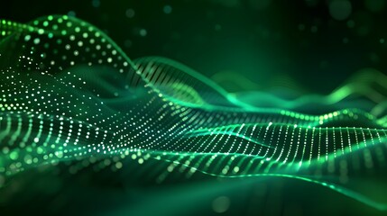Abstract green particle background. Flow wave with dot landscape. Digital data structure. Future mesh or sound grid. Pattern point visualization. Technology vector illustration.
