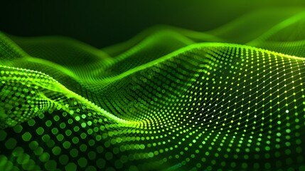 Obraz premium Abstract green particle background. Flow wave with dot landscape. Digital data structure. Future mesh or sound grid. Pattern point visualization. Technology vector illustration.