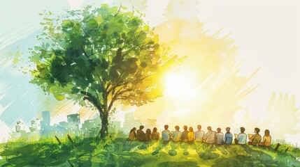A group of people are sitting on a hill looking at the sunset. The sky is a bright orange and the sun is setting behind a large tree.