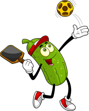 recommend clip art: Funny Pickle Cartoon Character Playing Pickleball. Vector Hand Drawn Illustration Isolated On Transparent Background