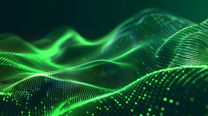 Naklejka premium Abstract green particle background. Flow wave with dot landscape. Digital data structure. Future mesh or sound grid. Pattern point visualization. Technology vector illustration.