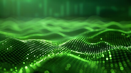 Abstract green particle background. Flow wave with dot landscape. Digital data structure. Future mesh or sound grid. Pattern point visualization. Technology vector illustration.