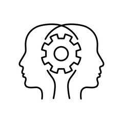 Two heads and gear outline icon. Teamwork, partnership, brainstorming concept. Editable stroke. Isolated vector illustration