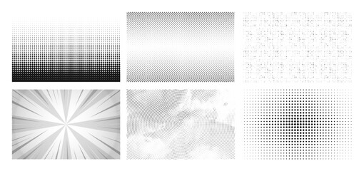 Set of seamless halftone dot background or geometric dotted gradient texture pattern vector template. Retro halftone pop art background with grunge overlay effect. Comic style halftone ink pixel frame
