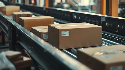 Conveyor Belt Transporting Assortment of Cardboard Boxes with Shipping Labels and Stamps in Industrial Photography Style