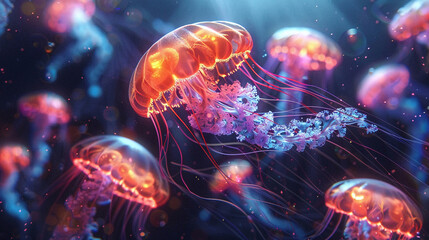 Glowing jellyfish illuminate the deep dark ocean waters