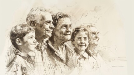 A group of people of different ages, including children, young adults, and the elderly, are standing together and smiling.