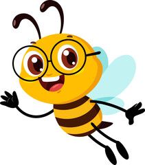 Cute School Bee Cartoon Character Flying And Waving For Greeting. Vector Illustration Flat Design Isolated On Transparent Background