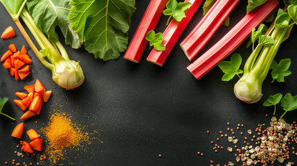 Fresh Organic Rhubarb, Vegetables, and Spices on Dark Kitchen Tabletop