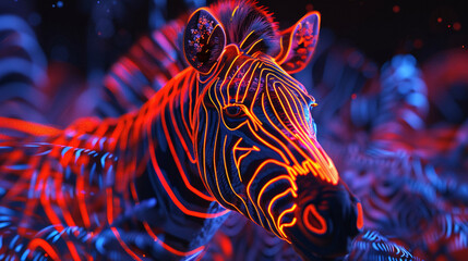 Glowing neon zebra stands in a field of glowing neon grass at night