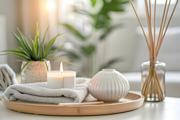 Spa composition. Towels, stones, reed air freshener and burning candles on white marble table against blurred lights, space for text