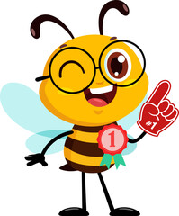 Cute School Bee Cartoon Character  Showing Number One With Foam Finger. Vector Illustration Flat Design Isolated On Transparent Background