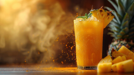 Refreshing pineapple juice with vibrant fruit garnish - obrazy, fototapety, plakaty