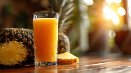 Fresh pineapple juice in a glass with whole fruit - obrazy, fototapety, plakaty