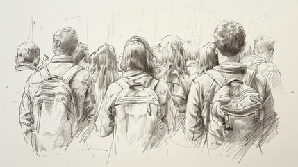 A group of people with backpacks are waiting in line.