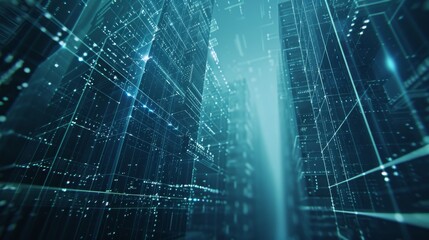 Obraz premium A network dots and pixels moving and connecting to each other, the netwok create shapes of buildings