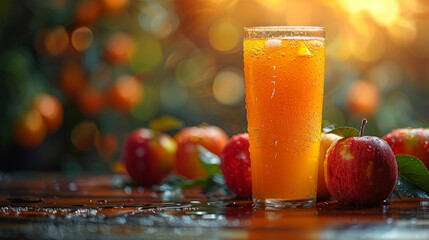 Refreshing apple juice with fresh fruits on a sunny day - obrazy, fototapety, plakaty