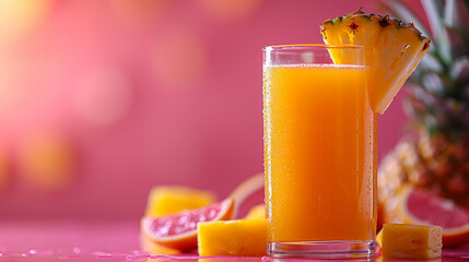 Fresh pineapple juice in a glass with vibrant background - obrazy, fototapety, plakaty