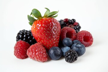 A variety of ripe berries including strawberries, blackberries, raspberries, and blueberries isolated on white