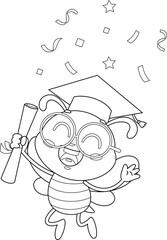 Outlined Graduate School Bee Cartoon Character Holding Certificate. Vector Hand Drawn Illustration Isolated On Transparent Background