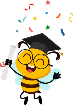 Graduate School Bee Cartoon Character Holding Certificate Jumping. Vector Illustration Flat Design Isolated On Transparent Background