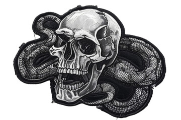 Monochrome embroidered skull and snake patch isolated on transparent background. Dark and edgy design concept. Design for clothing, accessories, sticker