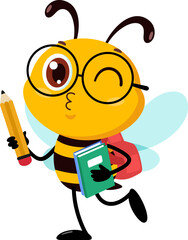 Cute School Bee Cartoon Character Walking With Backpack And Pencil Vector Illustration Flat Design Isolated On Transparent Background