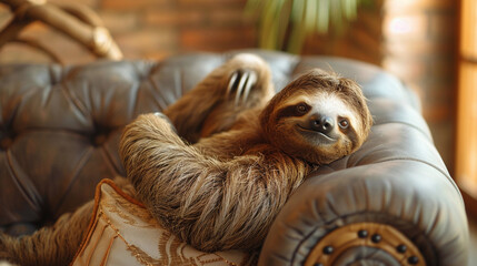 Fototapeta premium Sloth relaxing at sofa , in the living room