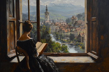 Elegant lady reading by window overlooking historic town