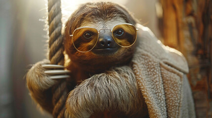 Fototapeta premium Sloth wearing horn-rimmed glasses and bathrobe while hanging from a rope