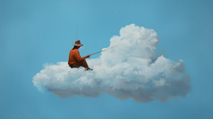 Fototapeta premium Fisherman sitting on a cloud in surreal blue sky